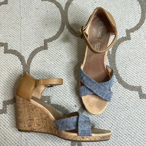 Toms Sienna Espadrille Cork Blue Chambray and Tan Faux Leather